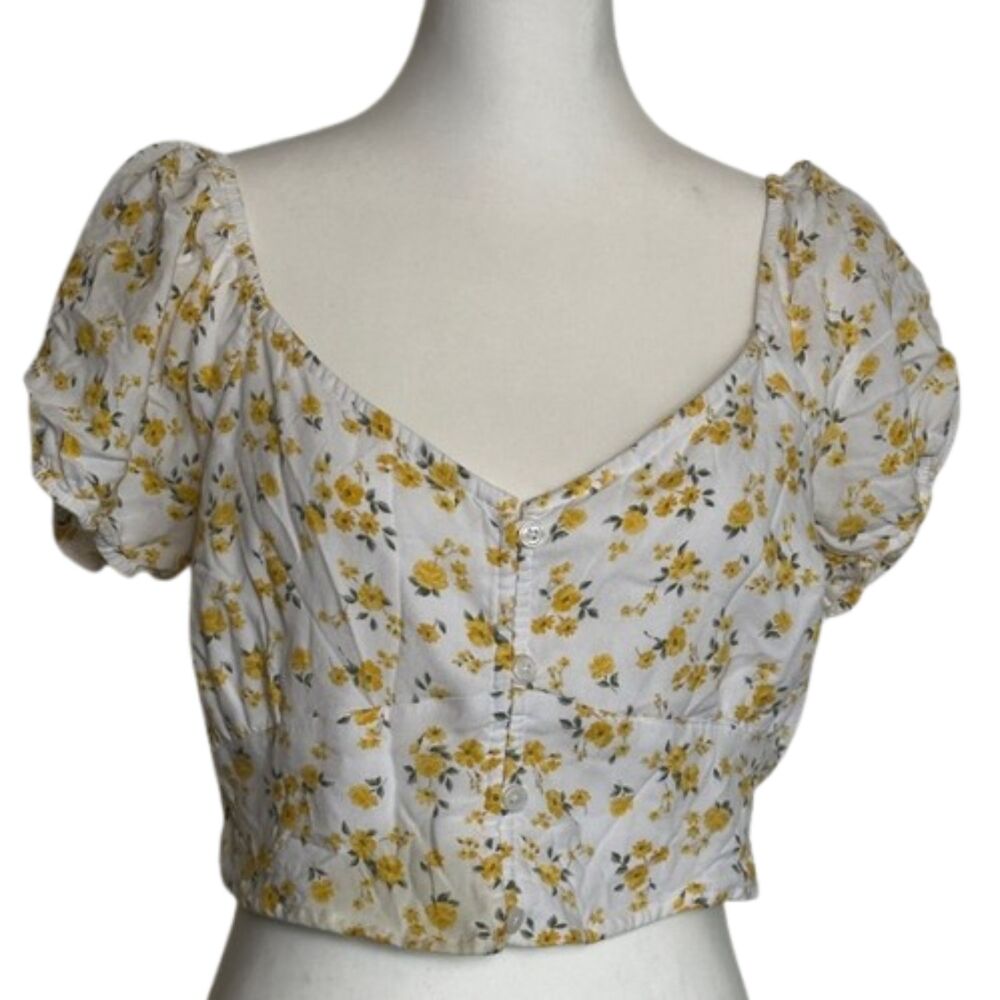 Hollister Floral Coquet Cropped Top Womens Large Milkmaid Fairy Smocked White